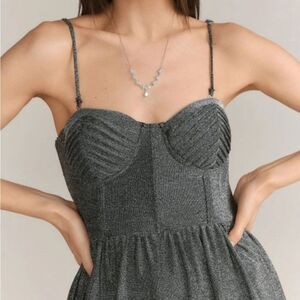 Lena Lurex Metallic Silver Corset Bustier‎ Midi Dress Size XL Cocktail Shimmer